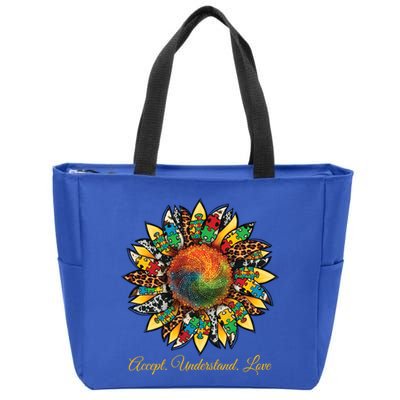 Accept Understand And Love Autism Awareness Sunflower Zip Tote Bag