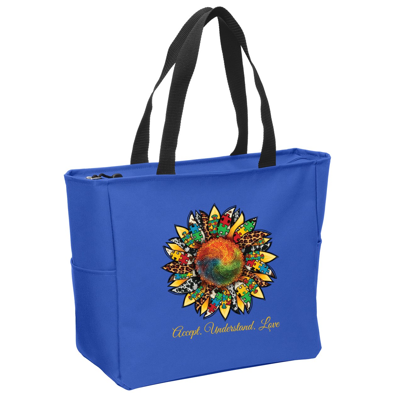 Accept Understand And Love Autism Awareness Sunflower Zip Tote Bag