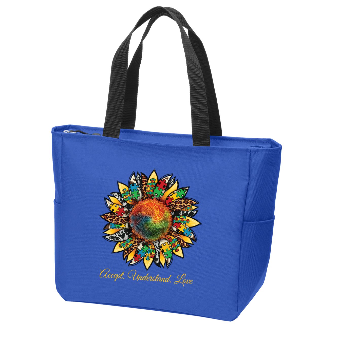 Accept Understand And Love Autism Awareness Sunflower Zip Tote Bag