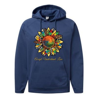 Accept Understand And Love Autism Awareness Sunflower Performance Fleece Hoodie