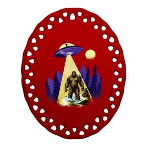 Alien UFO Bigfoot Sasquatch Hunter In National Park Ceramic Oval Ornament