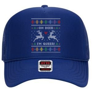 Adult Ugly Christmas Sweater Oh Deer IM Queer Funny Lgbtq Gift High Crown Mesh Back Trucker Hat