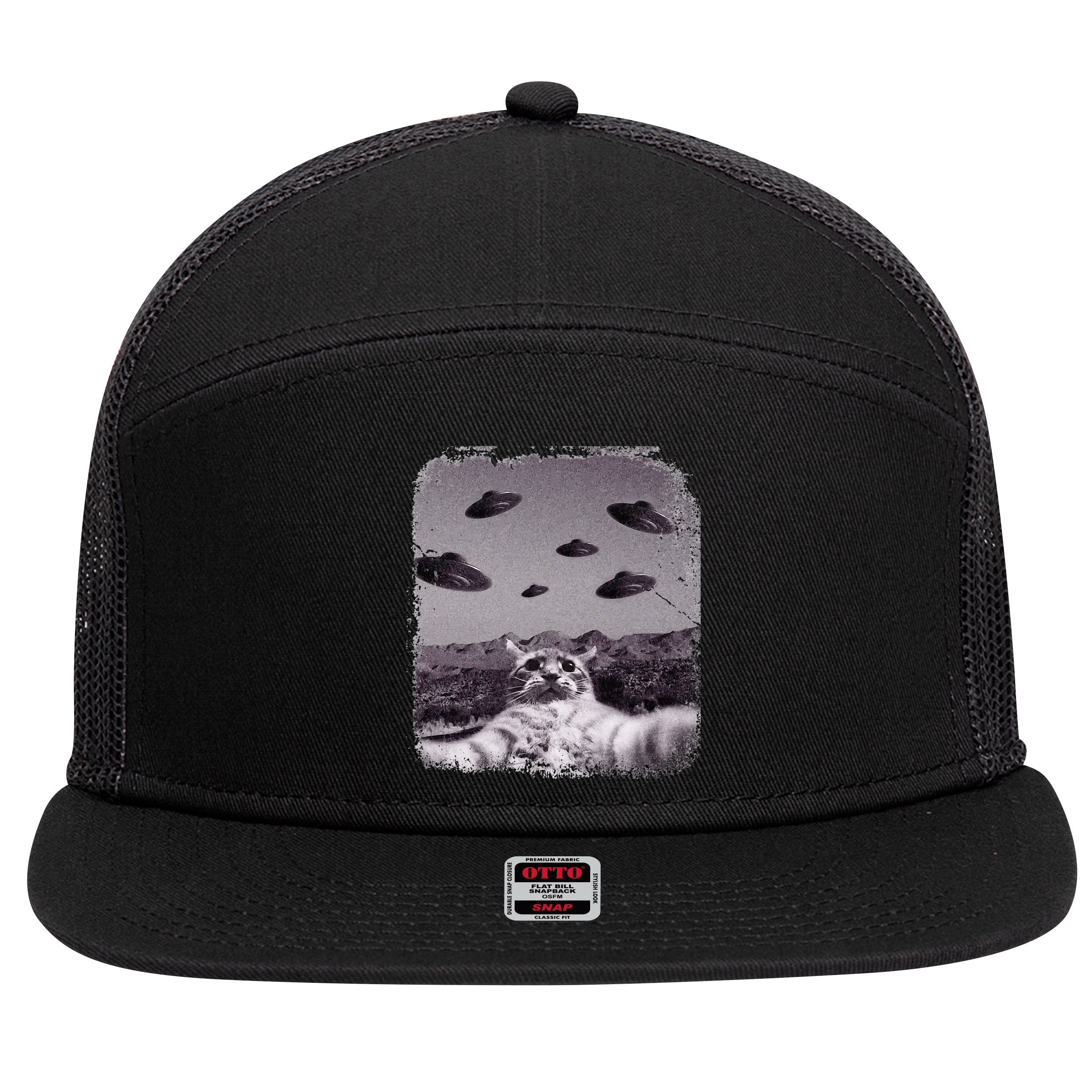 Alien UFO Cat Meme 7 Panel Mesh Trucker Snapback Hat