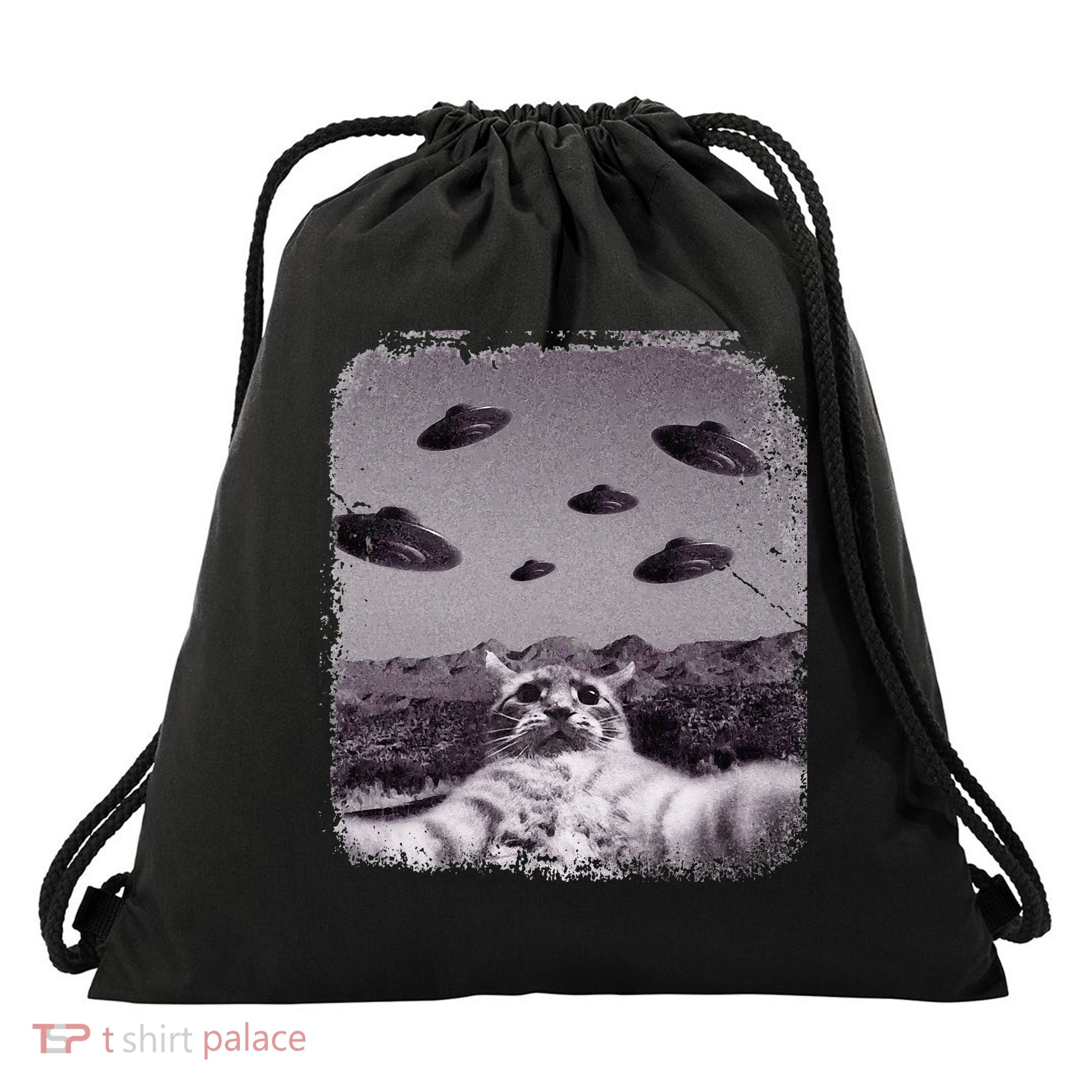 Alien UFO Cat Meme Drawstring Bag