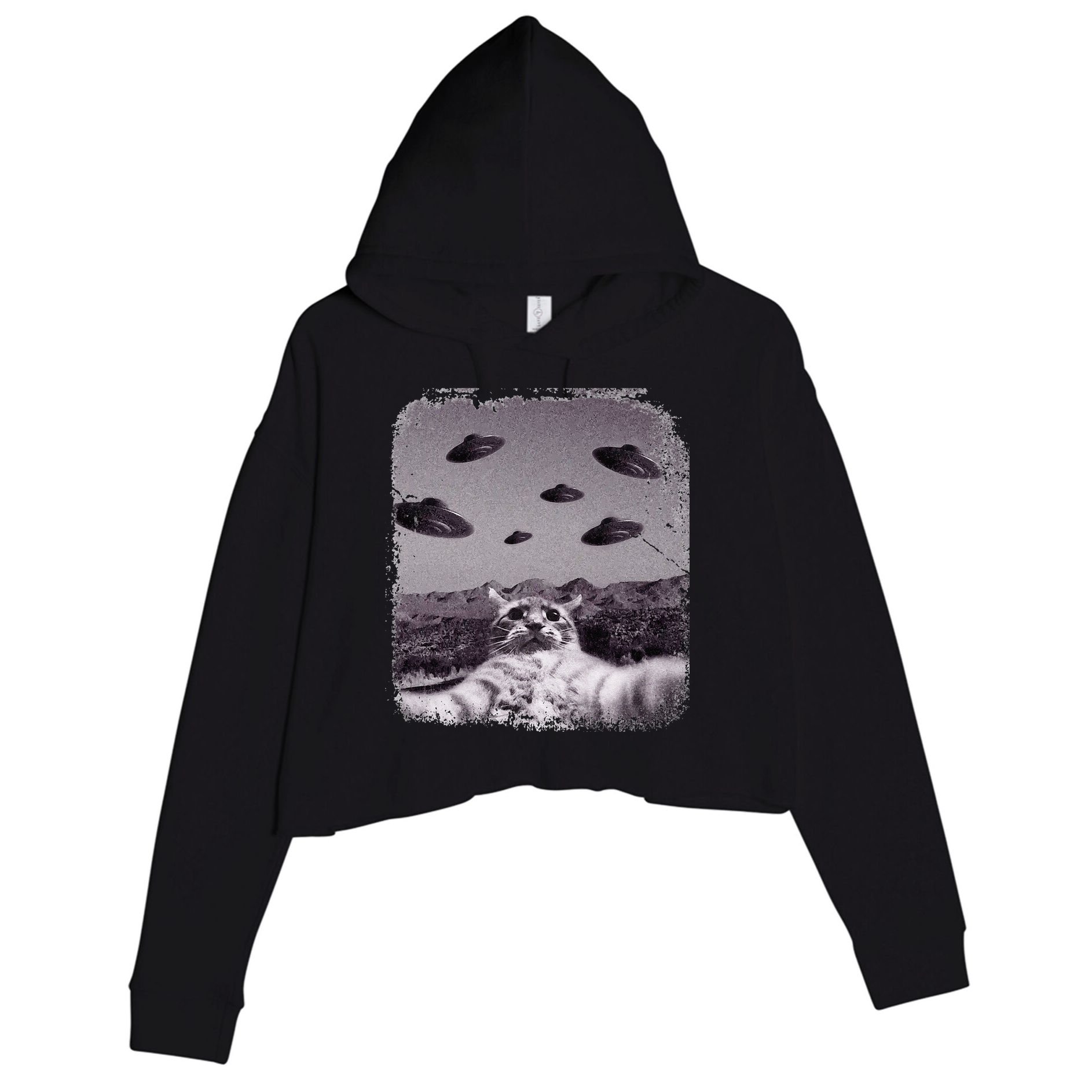 Alien UFO Cat Meme Crop Fleece Hoodie