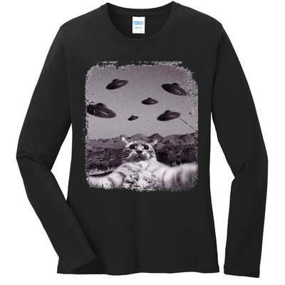 Alien UFO Cat Meme Ladies Long Sleeve Shirt