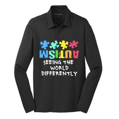 Autism Upside Down Autism Seeing The World Differently Gift Silk Touch Performance Long Sleeve Polo