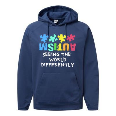 Autism Upside Down Autism Seeing The World Differently Gift Performance Fleece Hoodie