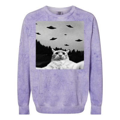 Alien UFO Funny Cat Selfie Colorblast Crewneck Sweatshirt