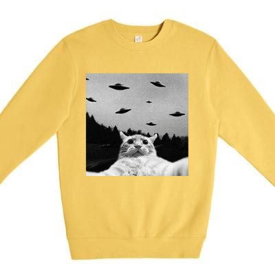 Alien UFO Funny Cat Selfie Premium Crewneck Sweatshirt