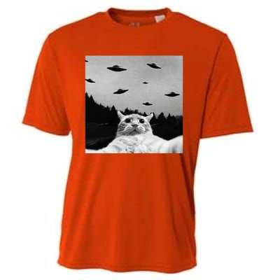 Alien UFO Funny Cat Selfie Cooling Performance Crew T-Shirt