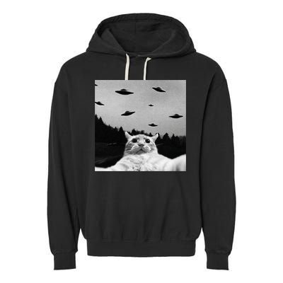 Alien UFO Funny Cat Selfie Garment-Dyed Fleece Hoodie