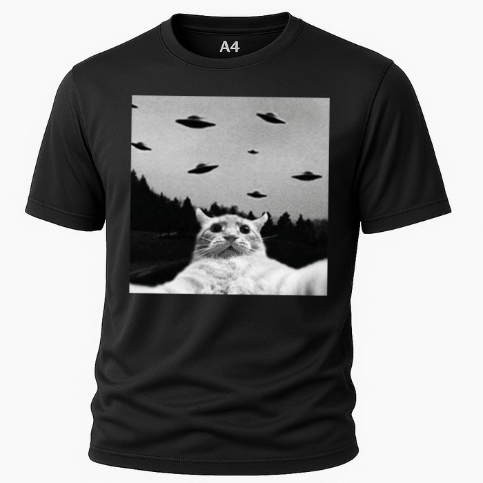 Alien UFO Funny Cat Selfie Cooling Performance Crew T-Shirt