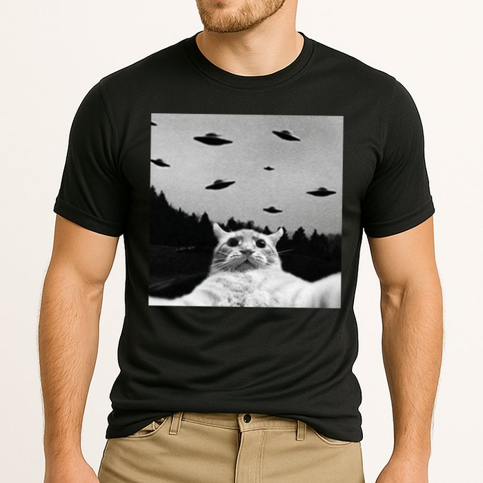 Alien UFO Funny Cat Selfie Cooling Performance Crew T-Shirt