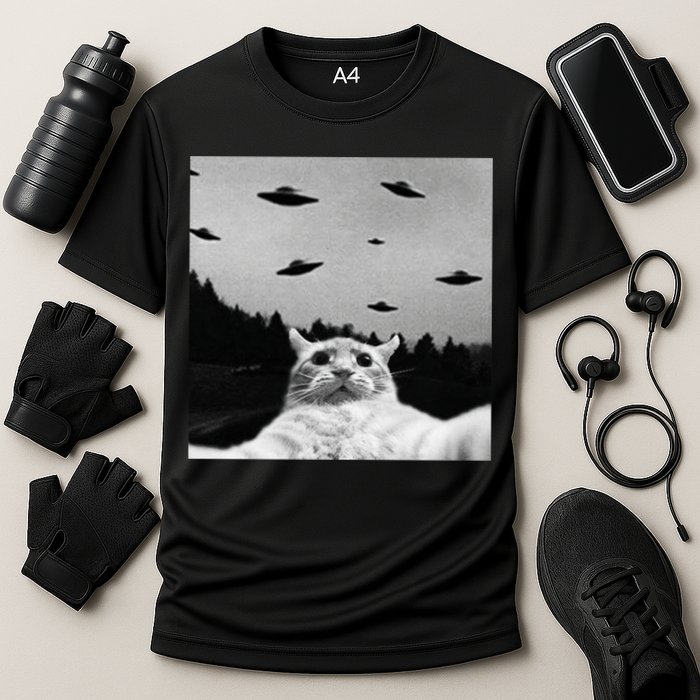Alien UFO Funny Cat Selfie Cooling Performance Crew T-Shirt