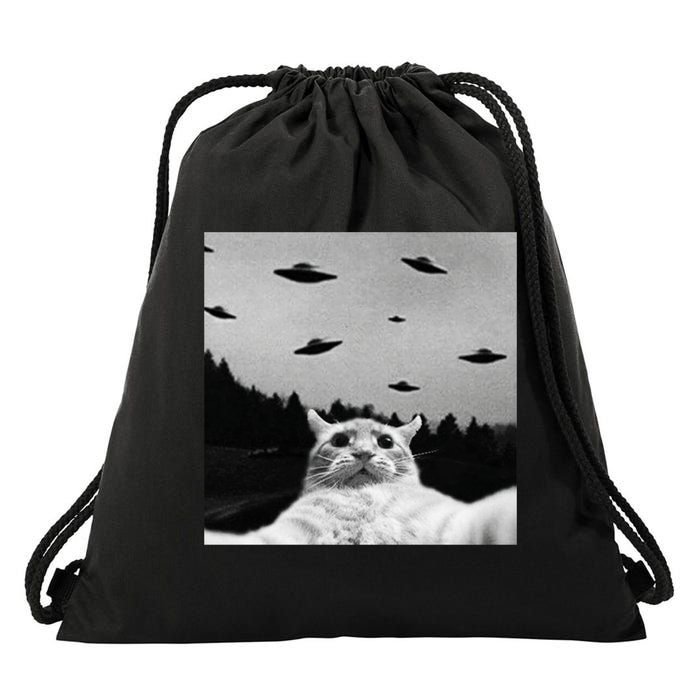 Alien UFO Funny Cat Selfie Drawstring Bag
