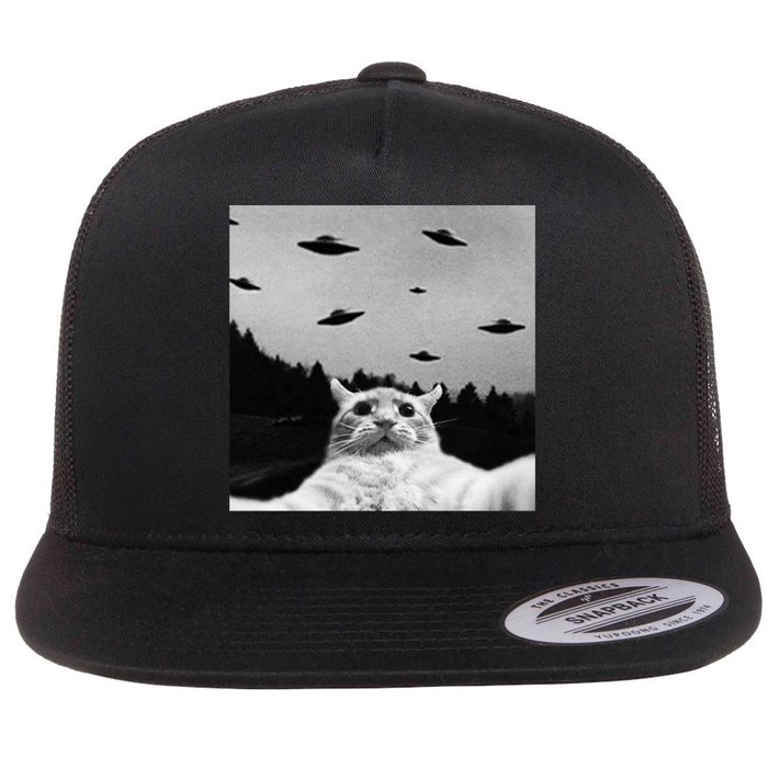 Alien UFO Funny Cat Selfie Flat Bill Trucker Hat