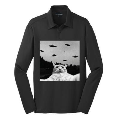 Alien UFO Funny Cat Selfie Silk Touch Performance Long Sleeve Polo