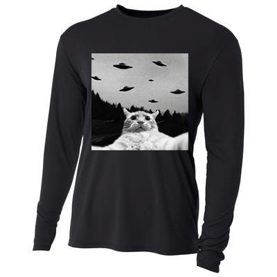 Alien UFO Funny Cat Selfie Cooling Performance Long Sleeve Crew