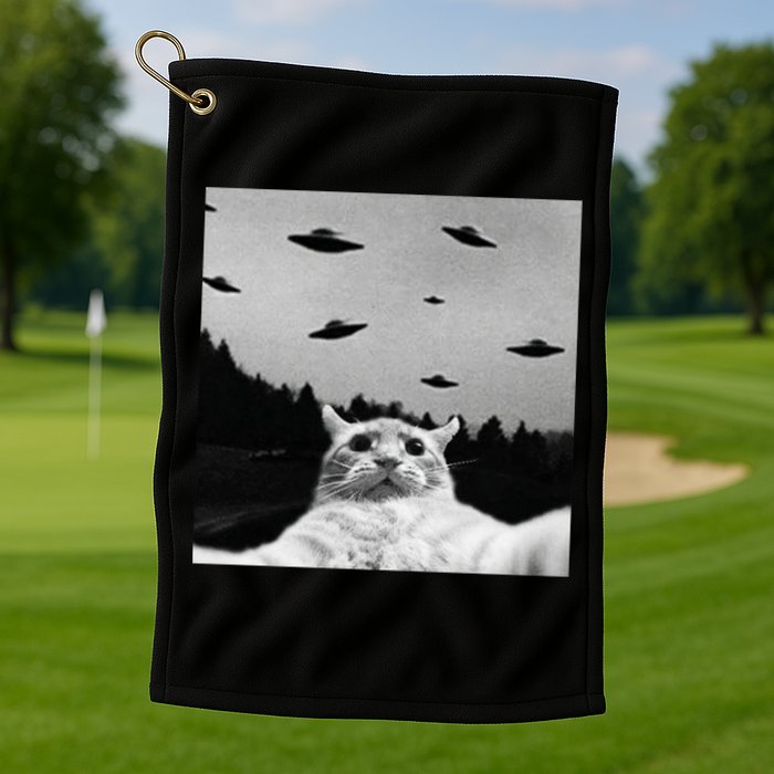 Alien UFO Funny Cat Selfie Golf Towel