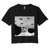 Alien UFO Funny Cat Selfie Women's Crop Top Tee