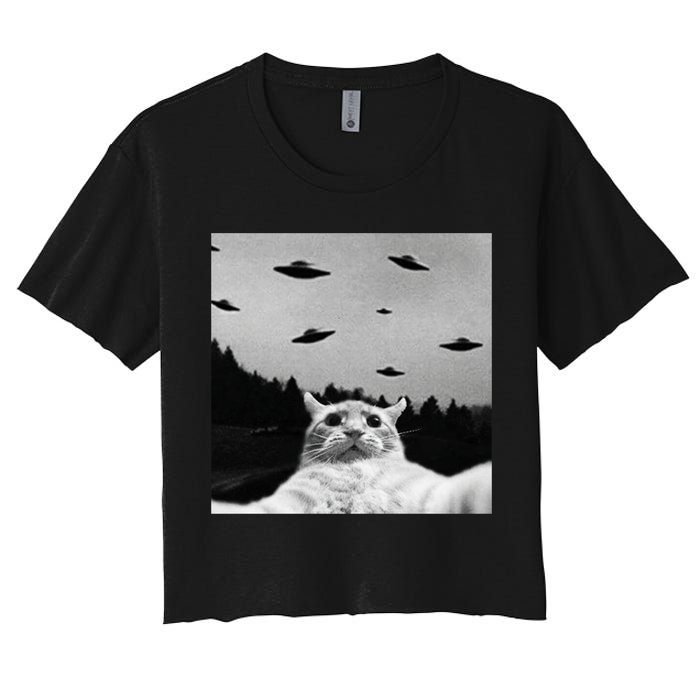 Alien UFO Funny Cat Selfie Women's Crop Top Tee