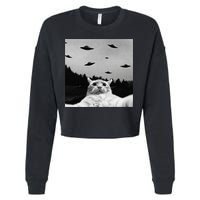 Alien UFO Funny Cat Selfie Cropped Pullover Crew