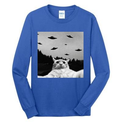 Alien UFO Funny Cat Selfie Tall Long Sleeve T-Shirt