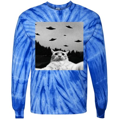 Alien UFO Funny Cat Selfie Tie-Dye Long Sleeve Shirt