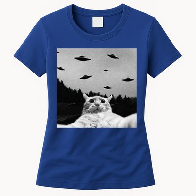 Alien UFO Funny Cat Selfie Womens T-Shirt
