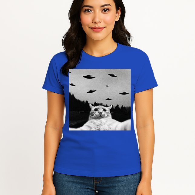 Alien UFO Funny Cat Selfie Womens T-Shirt