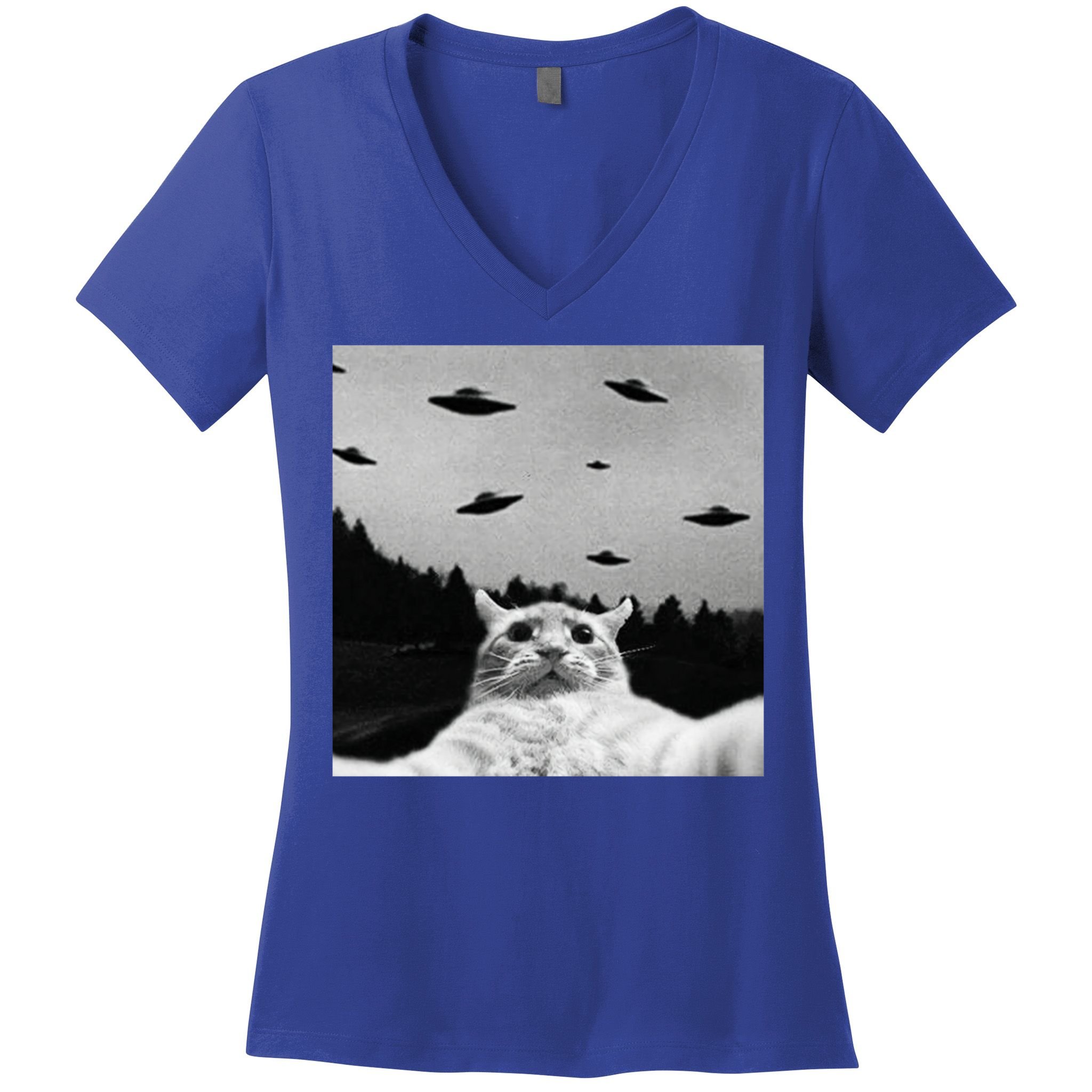 Alien UFO Funny Cat Selfie Women's V-Neck T-Shirt
