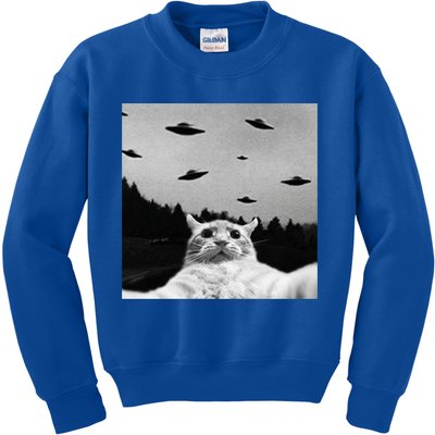 Alien UFO Funny Cat Selfie Kids Sweatshirt