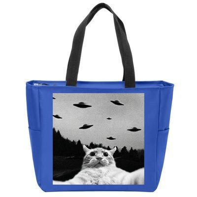 Alien UFO Funny Cat Selfie Zip Tote Bag