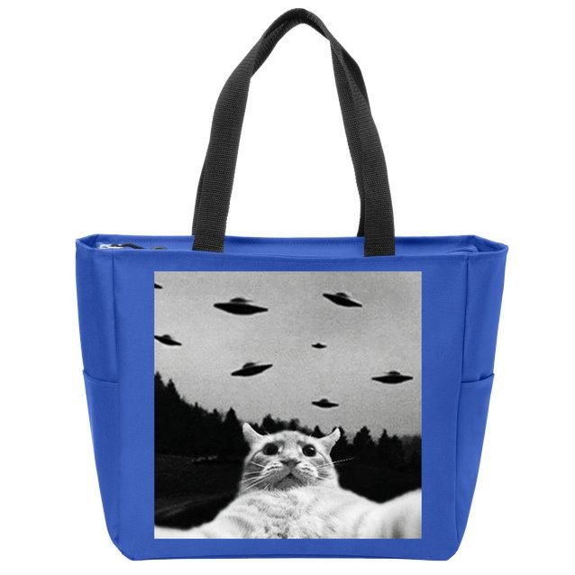 Alien UFO Funny Cat Selfie Zip Tote Bag