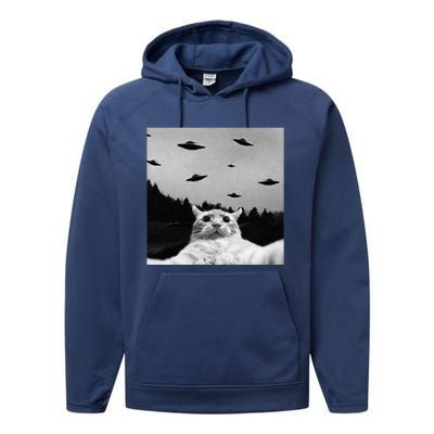 Alien UFO Funny Cat Selfie Performance Fleece Hoodie