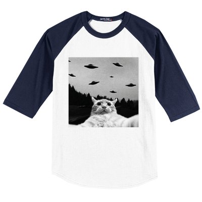 Alien UFO Funny Cat Selfie Baseball Sleeve Shirt