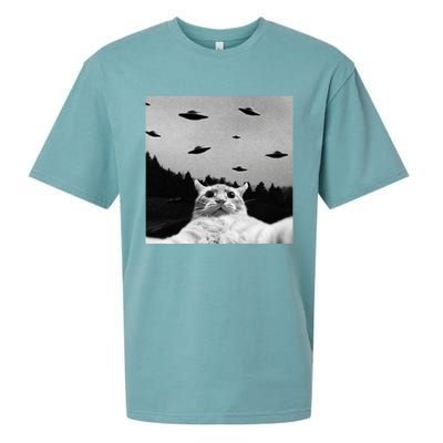 Alien UFO Funny Cat Selfie Sueded Cloud Jersey T-Shirt