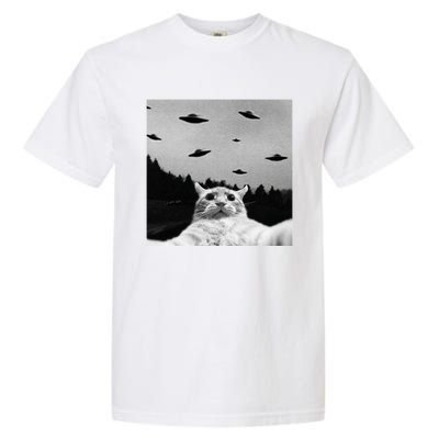 Alien UFO Funny Cat Selfie Garment-Dyed Heavyweight T-Shirt