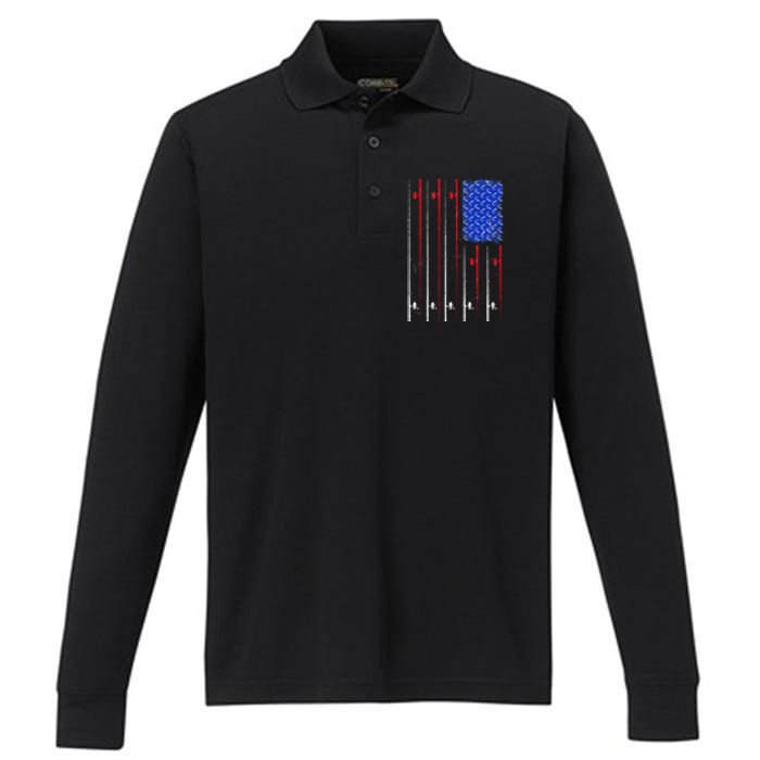 American US Flag Fishing Rod Fisherman Top For Him Performance Long Sleeve Polo