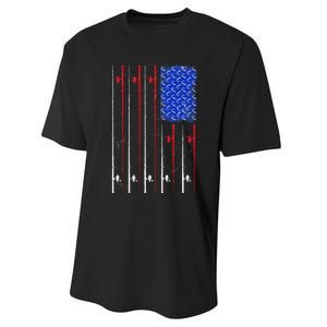 American US Flag Fishing Rod Fisherman Top For Him Performance Sprint T-Shirt