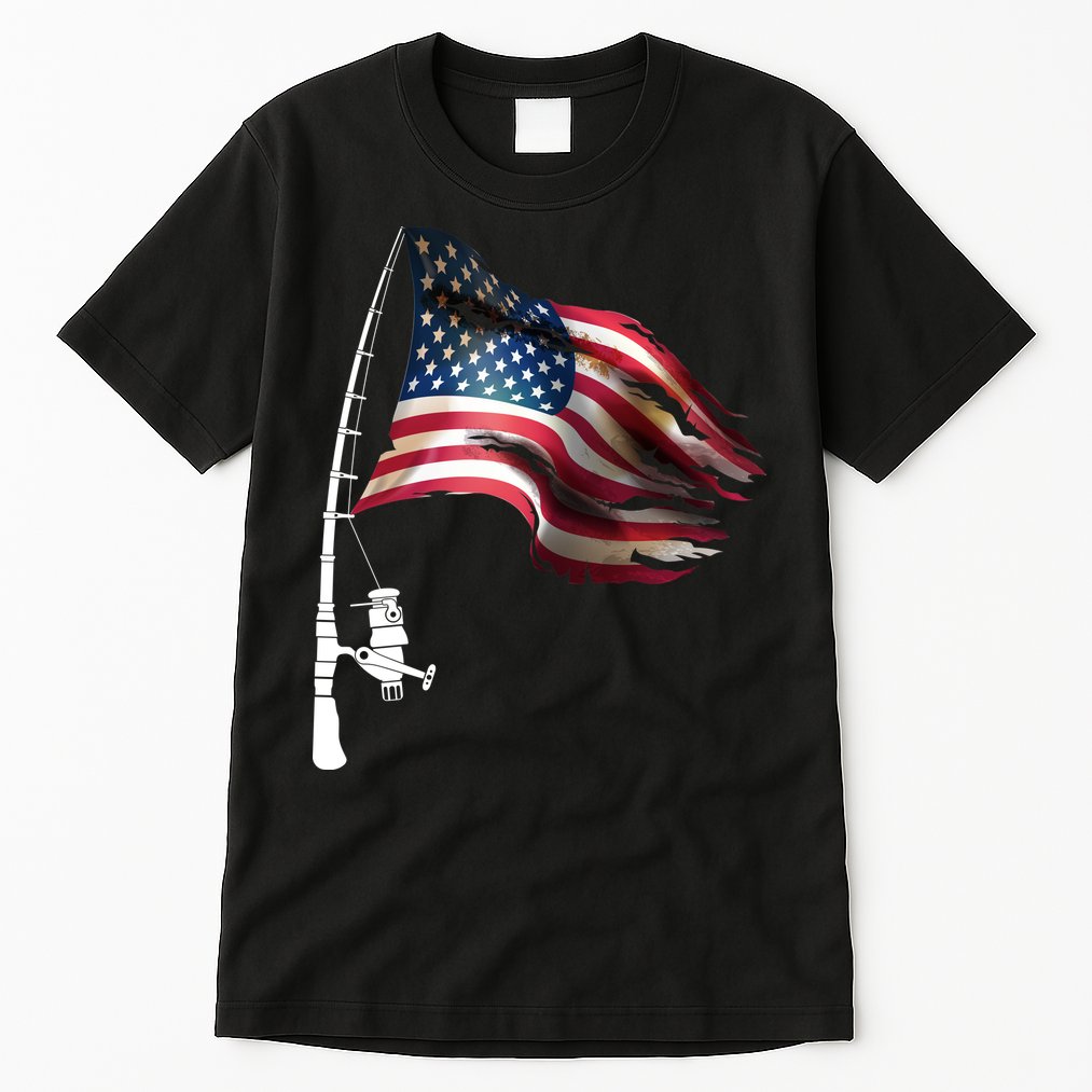 American USA Flag Fishing Pole Tall T-Shirt
