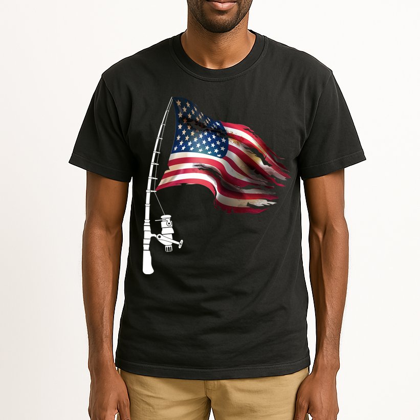 American USA Flag Fishing Pole Tall T-Shirt