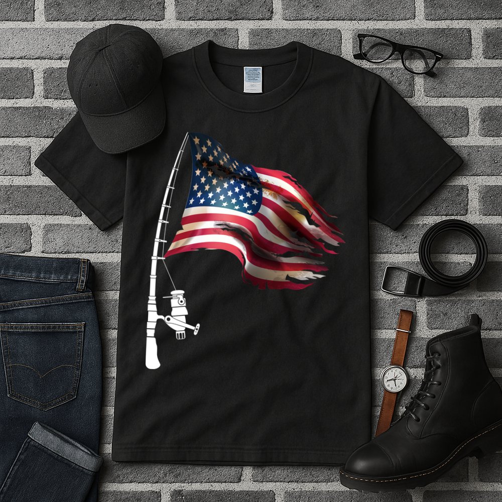 American USA Flag Fishing Pole Tall T-Shirt