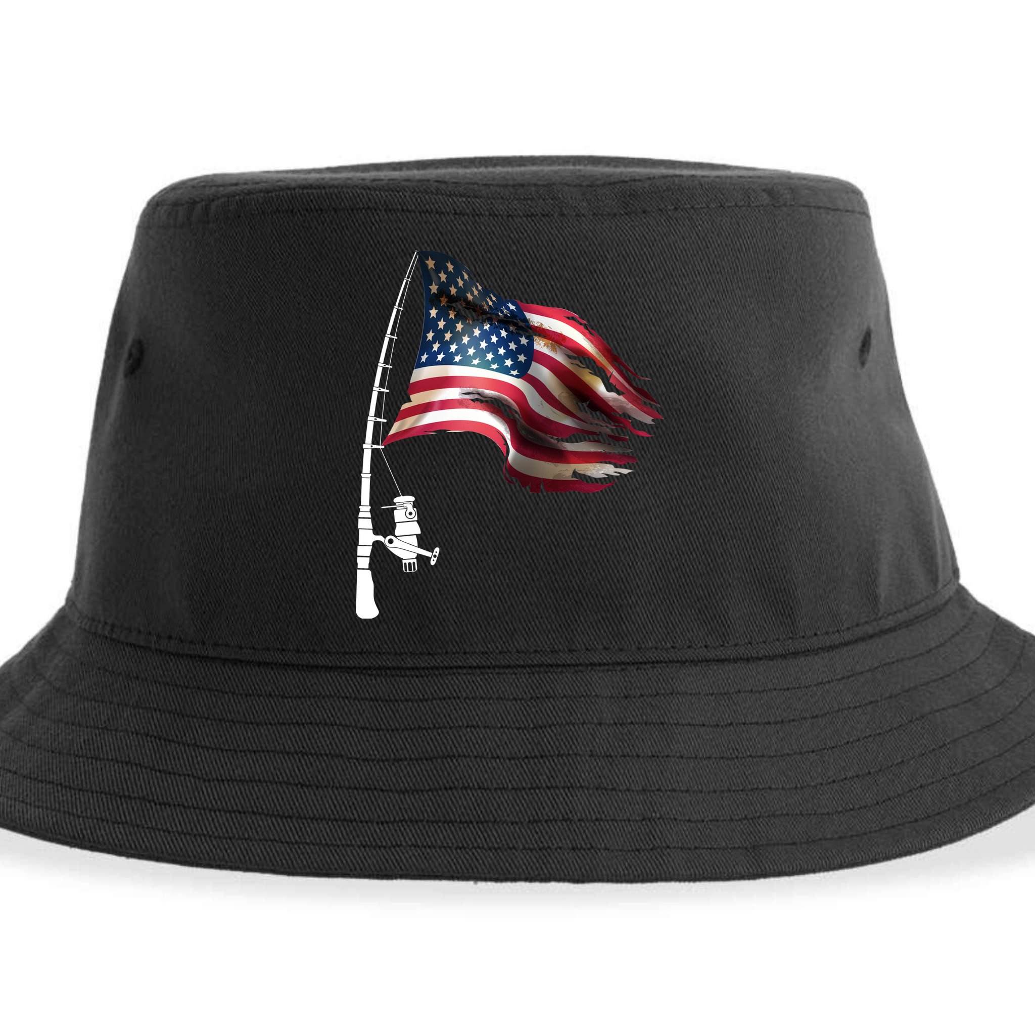 American USA Flag Fishing Pole Sustainable Bucket Hat