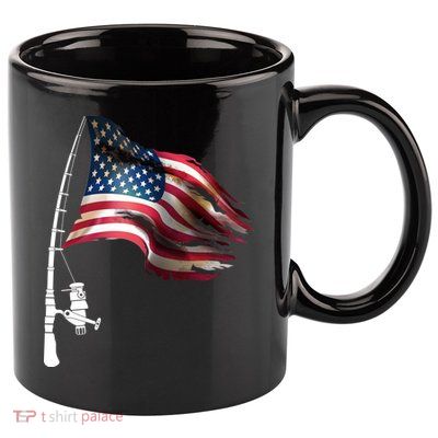 American USA Flag Fishing Pole 11oz C Handle Ceramic Mug