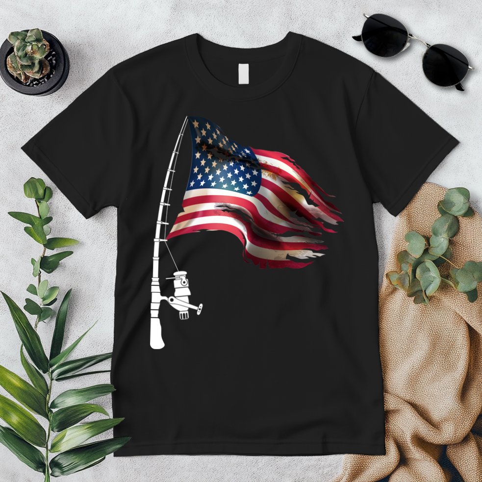 American USA Flag Fishing Pole Premium T-Shirt