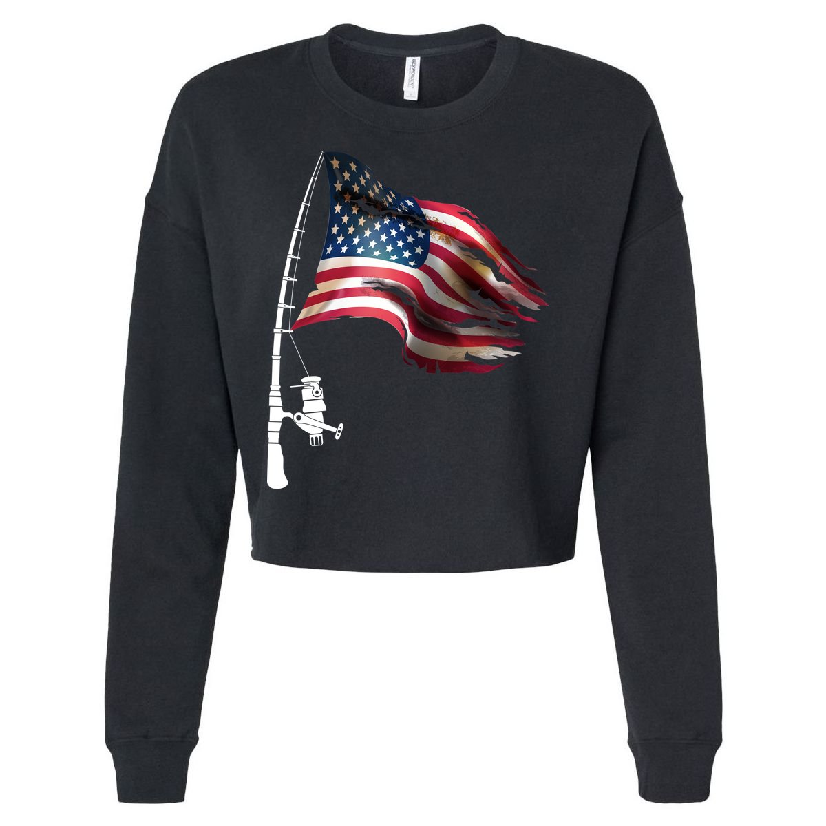 American USA Flag Fishing Pole Cropped Pullover Crew