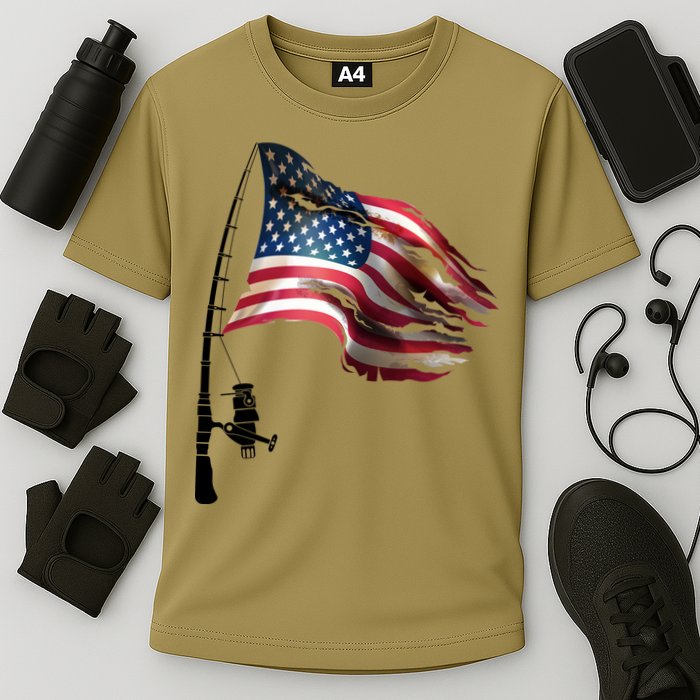 American USA Flag Fishing Pole Performance Shirt