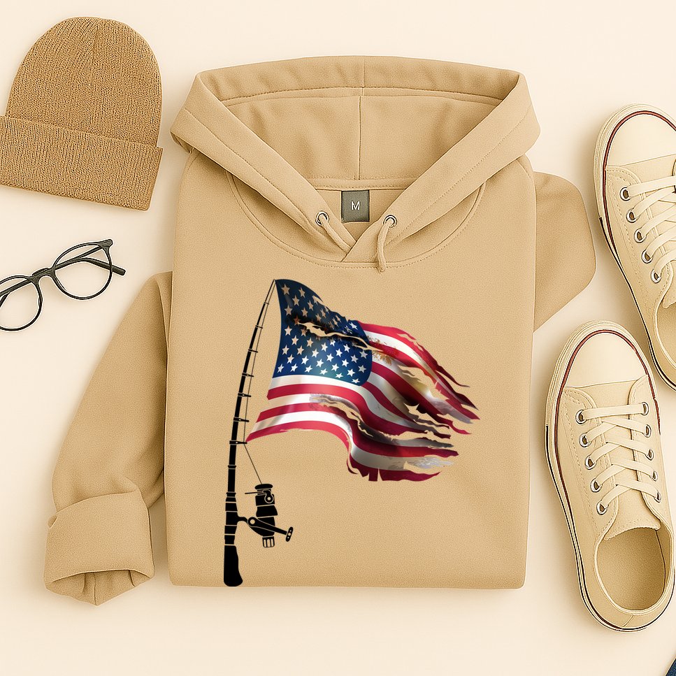 American USA Flag Fishing Pole Hoodie